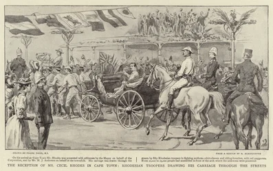 La ricezione di Mr. Cecil Rhodes a Città del Capo, i soldati della Rhodesia che trainano la sua carrozza per le strade
